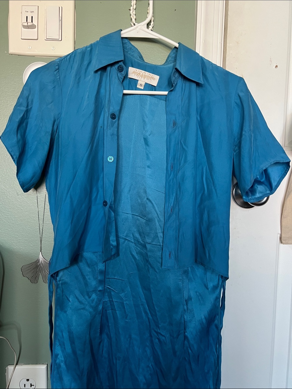 Turquoise in god we trust silk Short-Sleeve Button Down Shirt in turquoise